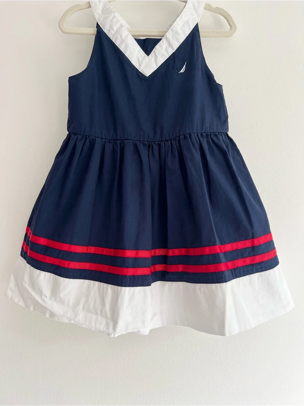 Nautica Girls Navy Dress with White Trim and Red Stripe Ribbon Accents | Girl 3T